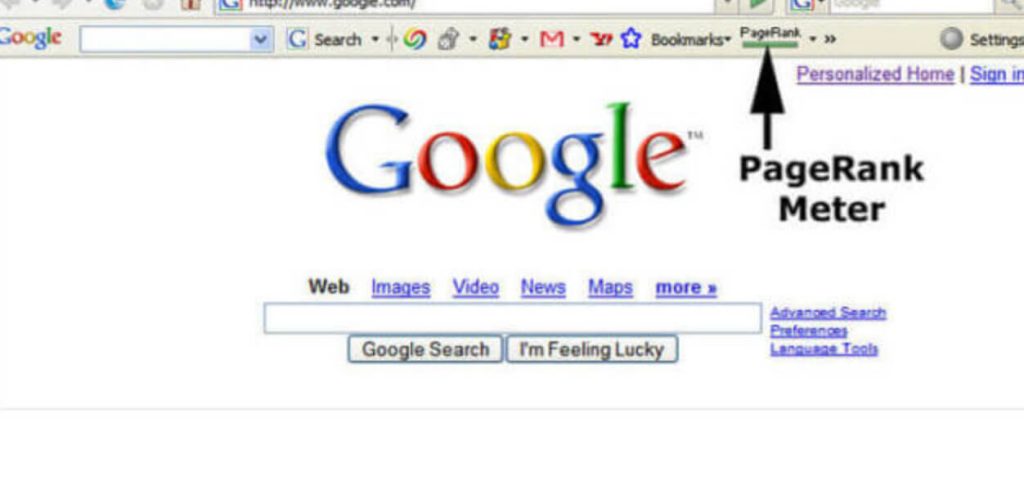 Print screen de uma tela antiga do Google com o ícone do PageRank.