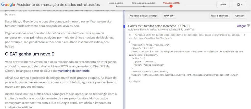Print screen da tela do assistente de marcação de dados estruturados do Google.