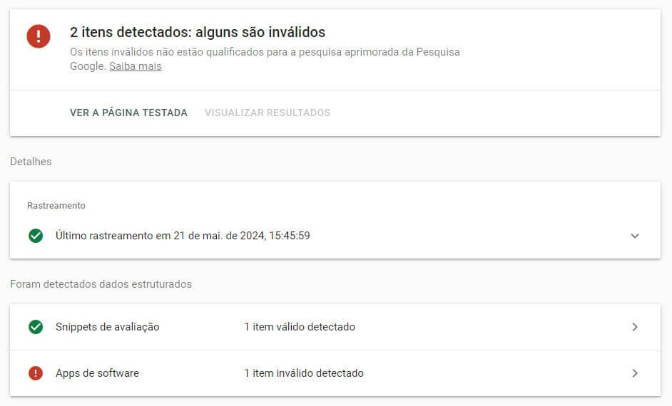 Exemplo de dados estruturados com erros no teste do Google.