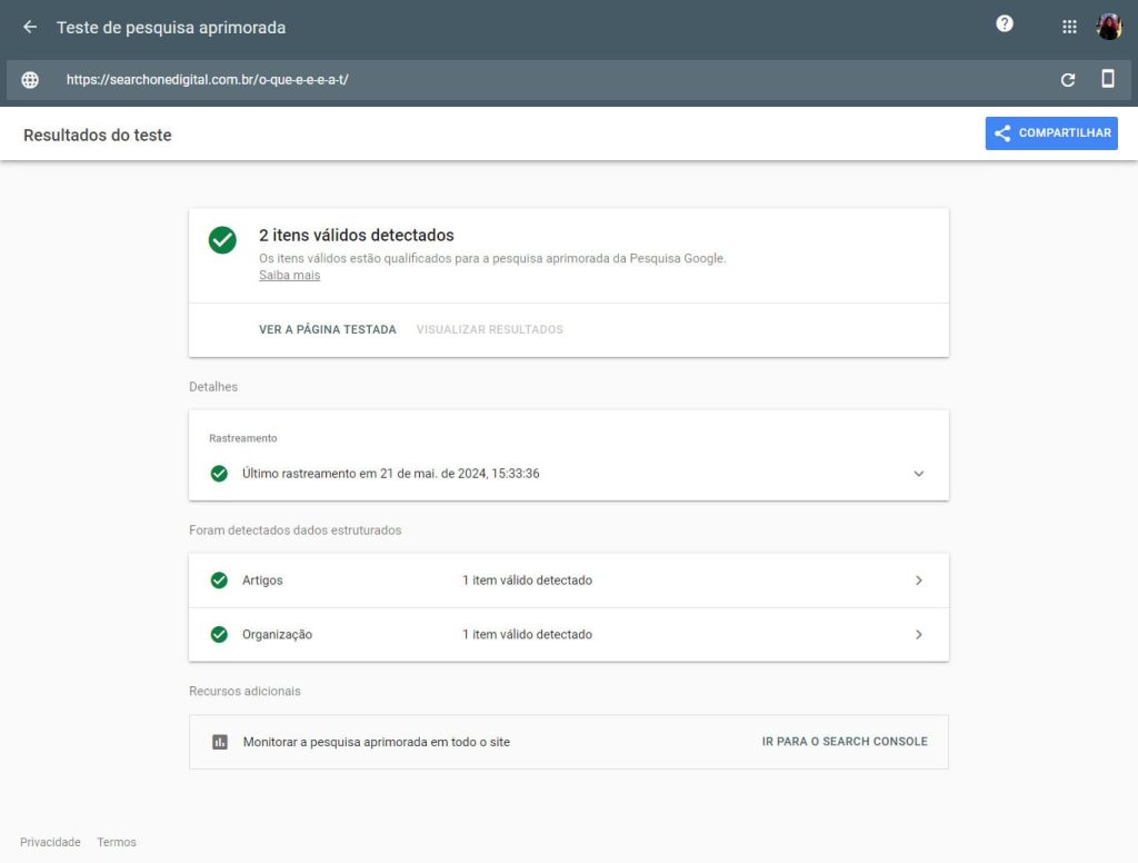 Exemplo de dados estruturados validados pelo teste do Google.