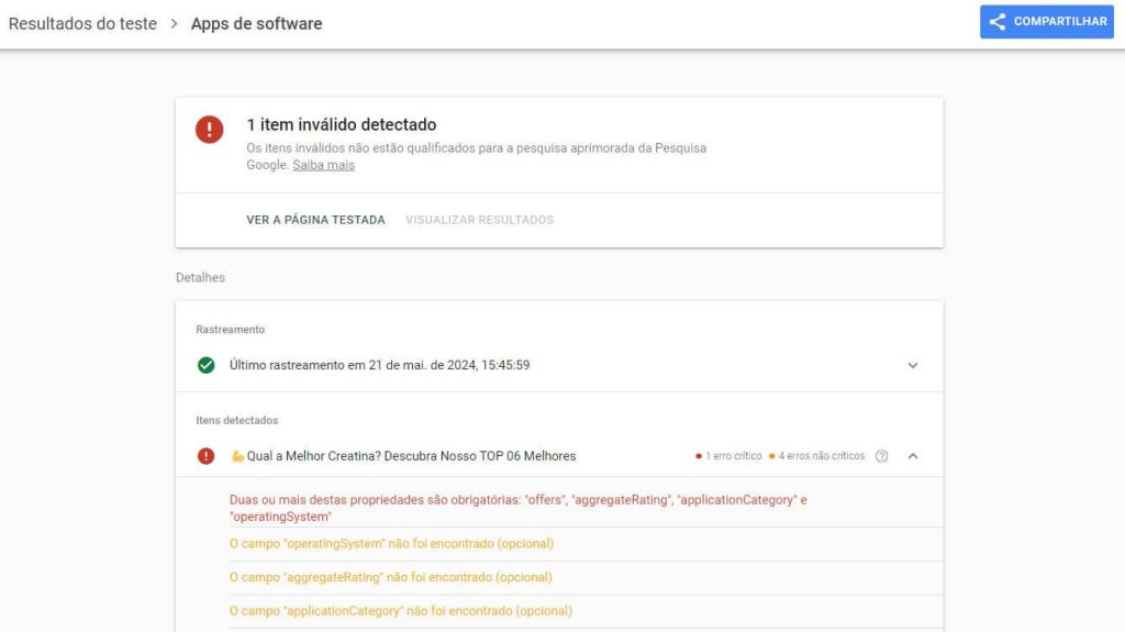 Print screen de teste de dados estruturados do Google informando possíveis erros em uma estrutura.