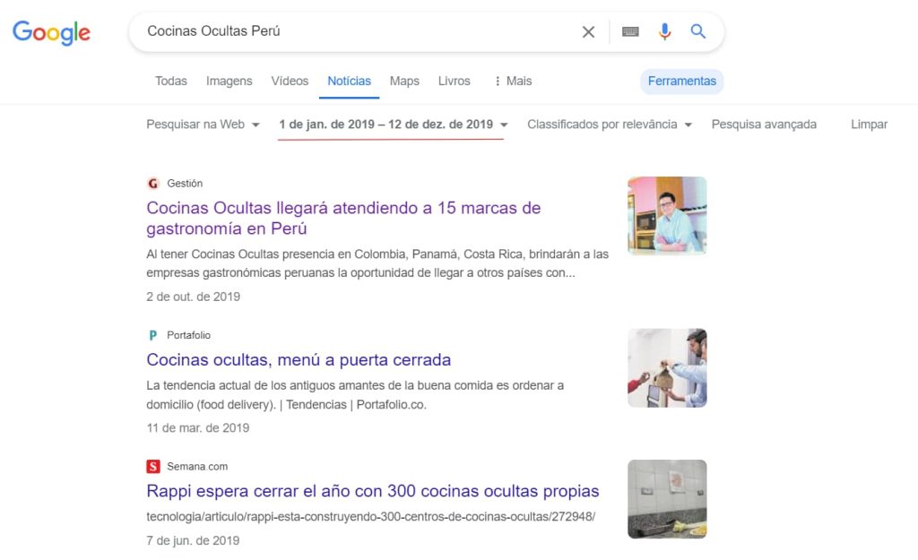 Print de SERP do Google para Cocinas Ocultas Perú.