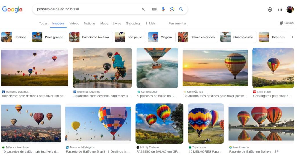 Print da SERP do Google Imagens para a palavra-chave "passeio de balão", com várias imagens boa resolução.