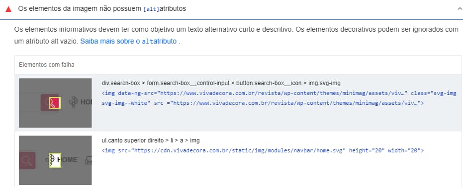 Print da ferramenta Page Speed insightsm, quer aponta alguns erros na otimização de imagens de uma página.