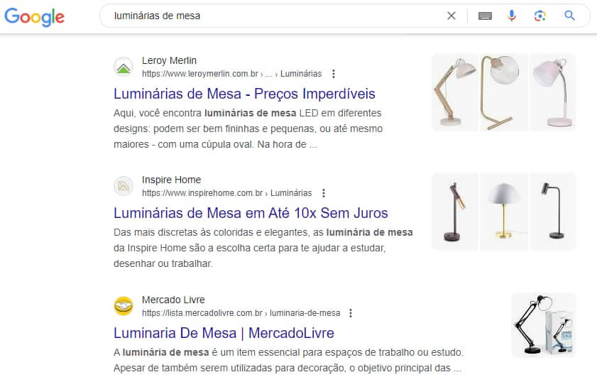 Print da SERP do Google com imagens de luminárias exibidas a partir de dados estruturados.