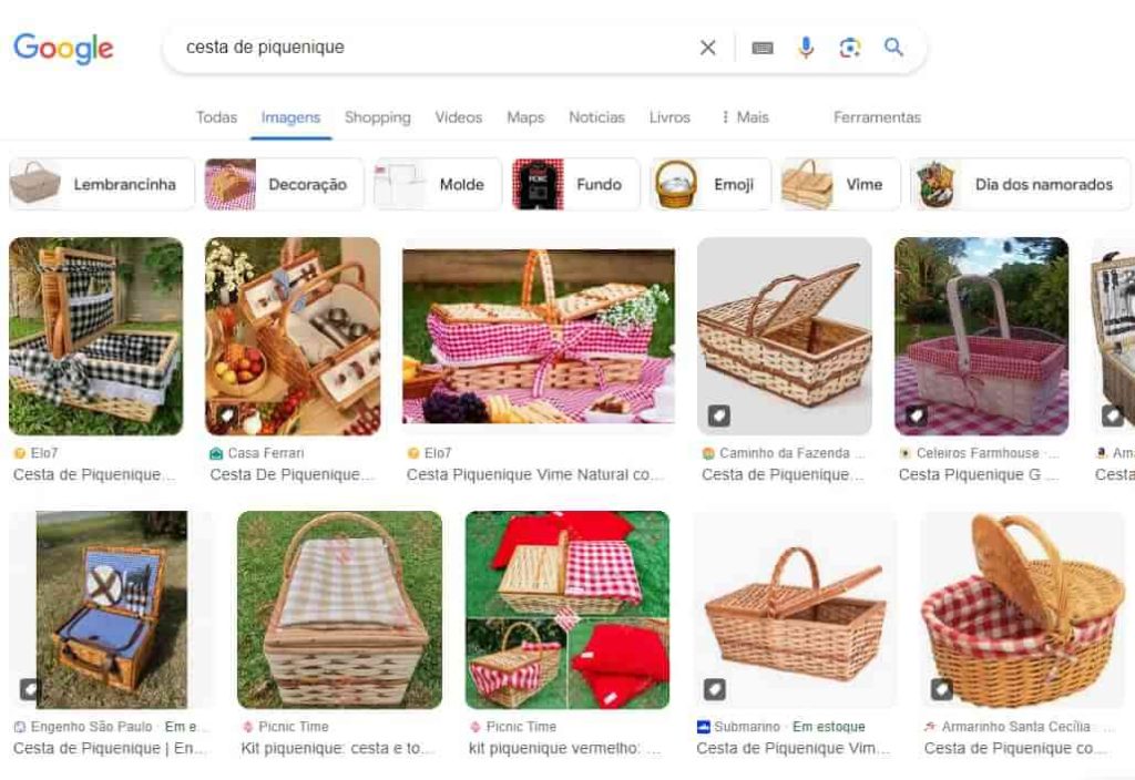 Print da SERP do Google Imagens para o termo "cesta de piquenique".