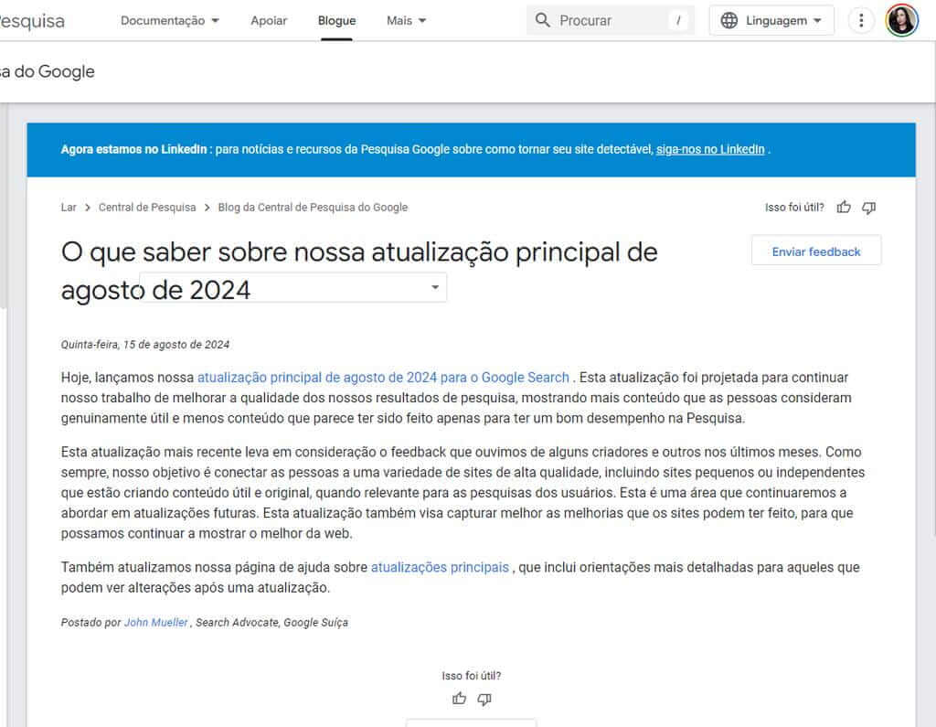 Print da documentação do Google sobra a atualização de agosto de 2024
