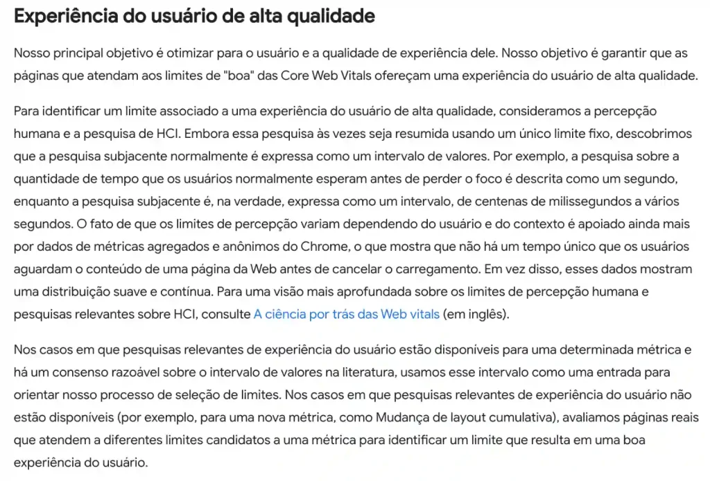 Texto sobre a experiência do usuário de alta qualidade, abordando a pesquisa em HCI e limites de percepção.