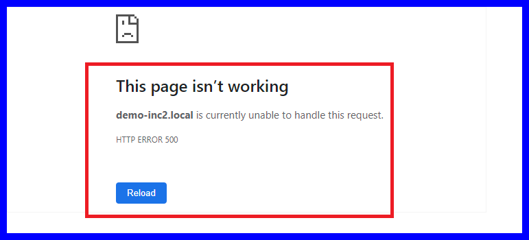 Erro 500 de HTTP exibido em uma página da web, indicando que a página não está funcionando e não pode ser carregada. Mensagem de erro mostrada ao usuário.