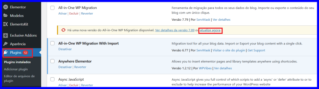 Tela do painel do WordPress mostrando a atualização do plugin All-in-One WP Migration com aviso de nova versão disponível para instalação.