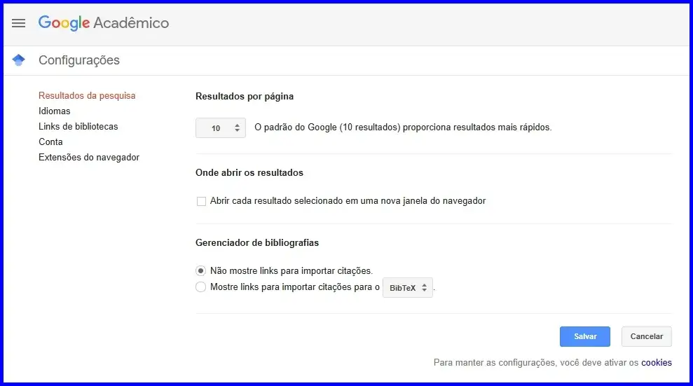 Configurações do Google Acadêmico mostrando opções para resultados por página e gerenciamento de bibliografias, com destaque para a opção de exibir links para importação de citações.