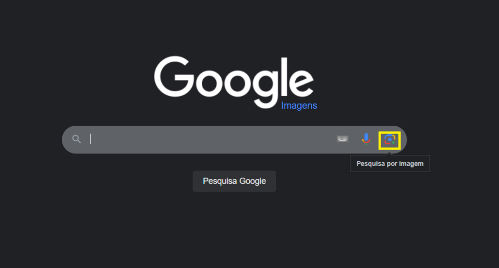 Imagem da página do Google Imagens destacando a opção de busca por imagem. A interface é escura e apresenta a barra de pesquisa centralizada.