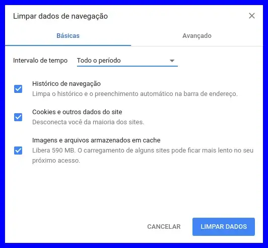 Tela de configurações do navegador Chrome mostrando opções para limpar dados de navegação, incluindo histórico, cookies e cache.