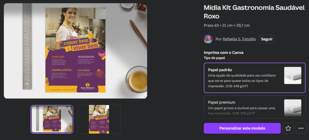 Imagem de um press kit com informações sobre alimentação, tipografia atrativa e cores roxas. Ideal para divulgação de receitas e eventos.