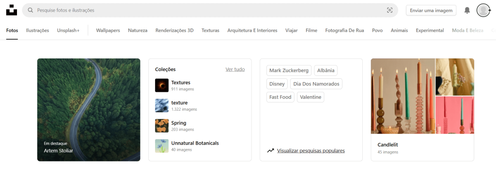 Imagem que mostra um painel de opções de coleção de fotos da plataforma Unsplash, destacando textos, texturas e categorias variadas. Ideal para pesquisa de imagens sobre natureza e arte.