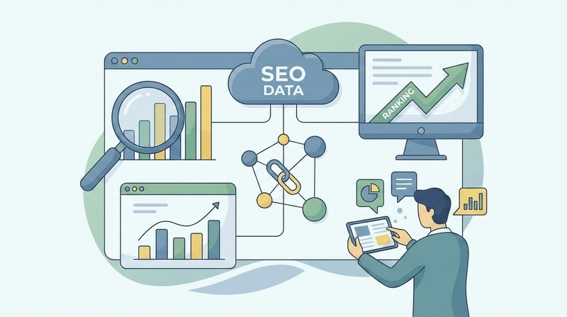 ilustração de homem fazendo análise de dados de seo após o site apresentar queda de buscas orgânicas