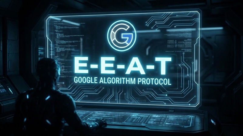 tela com símbolo do google e texto sobre eeat, um dos principais motivos para um conteúdo subir nas buscas orgânicas