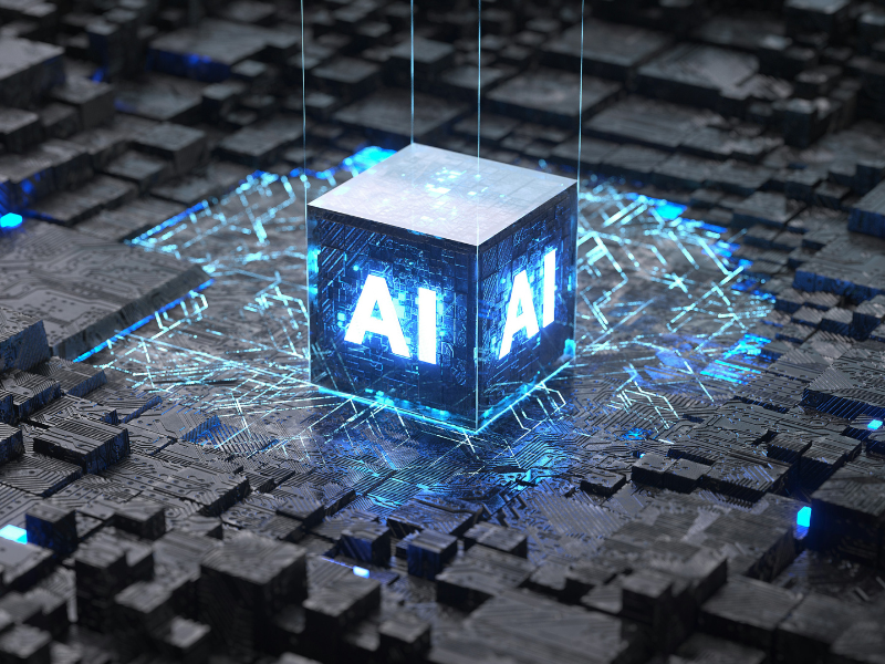 A imagem representa um conceito visual altamente tecnológico de inteligência artificial (IA).