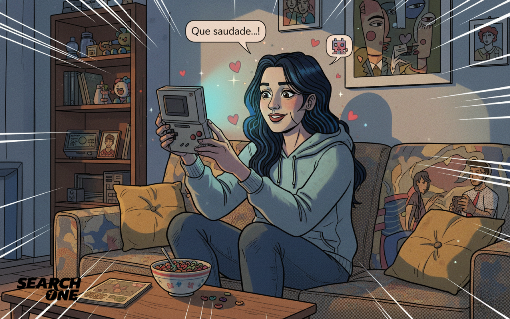 Um quadrinho vibrante mostra uma jovem feliz, sentada no sofá, segurando um videogame portátil retrô. Corações flutuam, e um balão de fala diz "Que saudade...!", indicando nostalgia. 