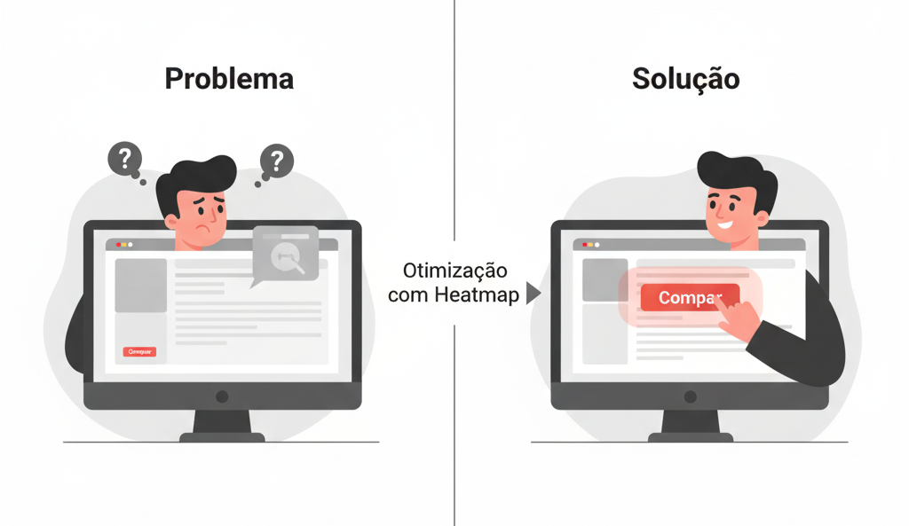 Diagrama visualizando o sucesso do heatmap UX. O lado 'Problema' mostra um layout desorganizado; o lado 'Solução' mostra um design eficiente com o CTA reposicionado em um hotspot, resultando em facilidade de uso e aumento do heatmap conversão.