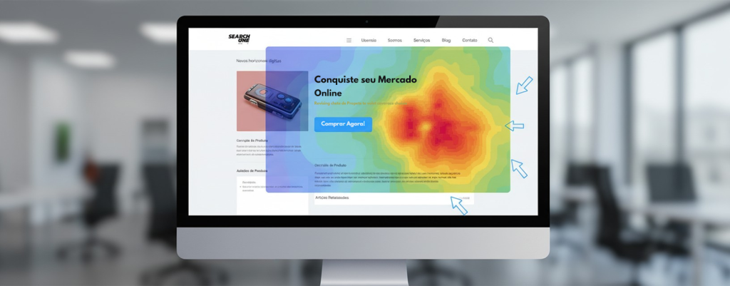 Diagrama de heatmap em uma tela de site, com zonas quentes (vermelho) destacando um botão de 'Comprar'. A ilustração representa o uso do mapa de calor para identificar hotspots de conversão e guiar a otimização de layout. 