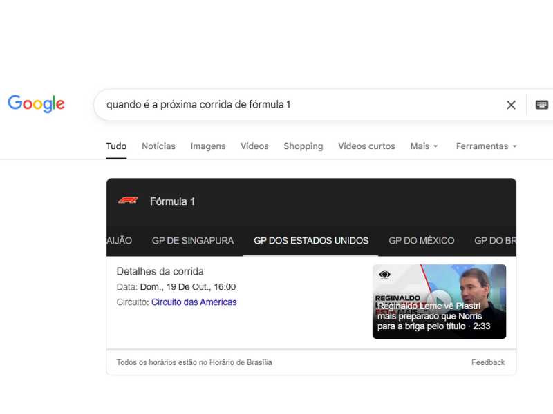 Resultado de busca do Google mostrando um Direct Answer Box para a consulta de Fórmula 1, entregando a informação sobre a próxima corrida de forma instantânea e completa, sem a necessidade de cliques.
