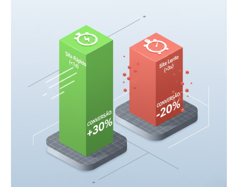 Gráfico ilustrando o impacto da velocidade do site na taxa de conversão, comparando a alta conversão de um site rápido com a queda drástica de um site lento, essencial para micro-momentos marketing.