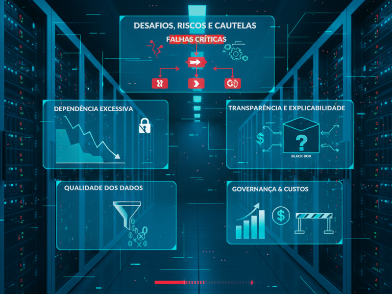 Ilustração conceitual representando os desafios e riscos da automação inteligente, sem a figura de um robô. O fundo mostra um corredor de racks de servidores com iluminação azul. No centro superior, o título "DESAFIOS, RISCOS & CAUTELAS" está em destaque, com ícones de falhas e engrenagens. Abaixo, quatro painéis quadrados flutuantes representam os desafios principais: 1) "Dependência Excessiva" com um gráfico decrescente e um cadeado; 2) "Qualidade dos Dados: Garbage In, Garbage Out" com um funil filtrando dados ruins; 3) "Transparência e Explicabilidade: Black Box" com um ponto de interrogação sobre uma caixa preta; e 4) "Governança & Custos" com um gráfico de barras e um cifrão. 