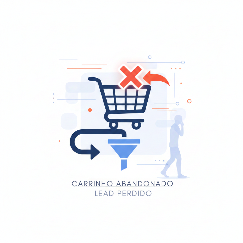 Ilustração de carrinho de compras com um "X" vermelho e funil de vendas indicando saída, simbolizando um carrinho abandonado e lead perdido.