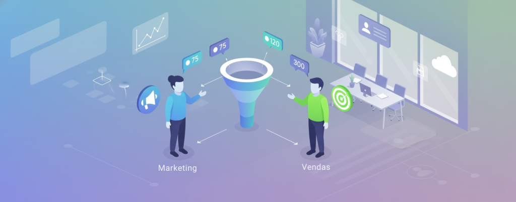  Ilustração do funil de marketing e vendas, mostrando a geração de leads pelo Marketing (75) e a conversão de vendas (300).
