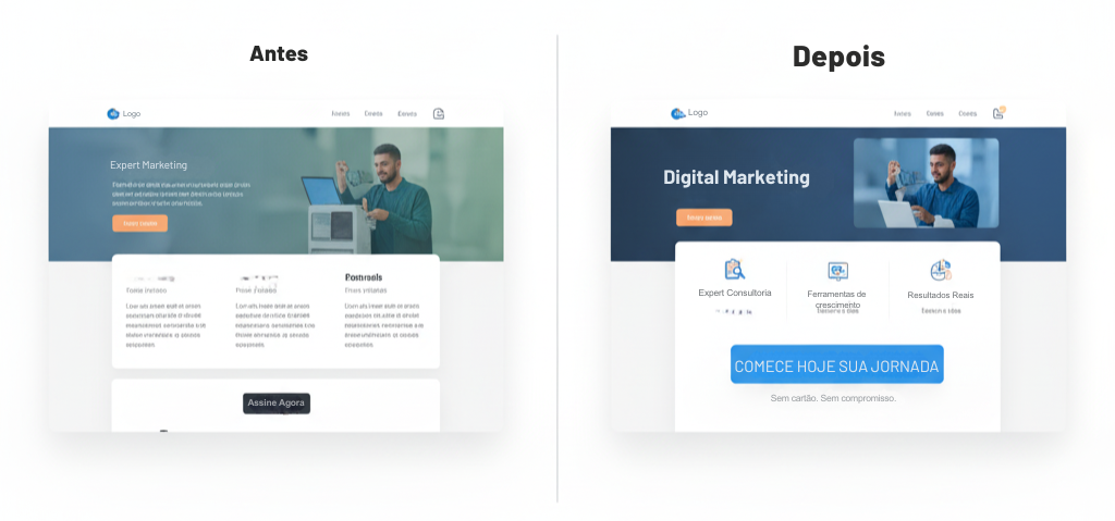 Comparativo visual entre duas versões de uma landing page — destaque para mudança no CTA e aumento da conversão.