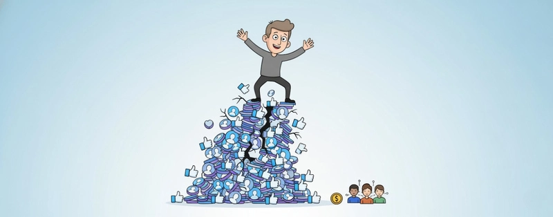 ilustração de personagem apoiado em curtidas da internet, uma das métricas de vaidade