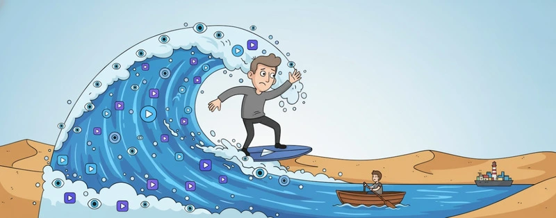 ilustração de homem em mar de visualizações, simbolizando uma métrica de vaidade