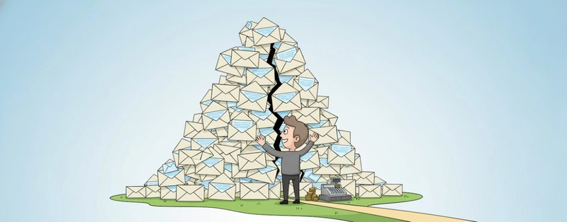ilustração de personagem olhando para um monte de emails abertos, simbolizando uma das métricas de vaidade