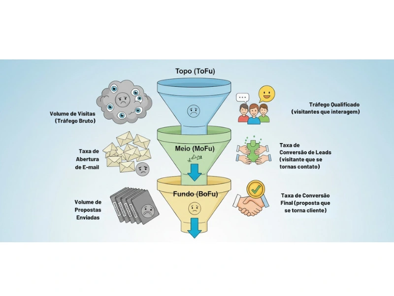 ilustração infográfica do funil de vendas, com descrições de cada métrica de vaidade