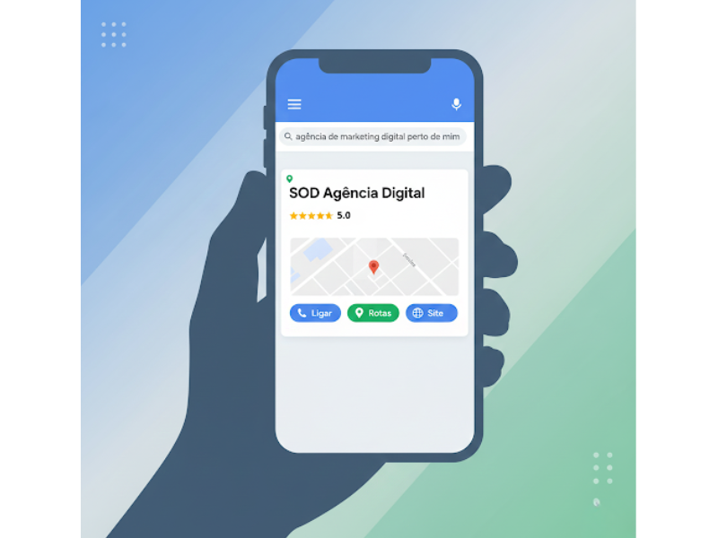 Mão segurando celular exibindo ficha do Google Business Profile otimizada, destacando avaliações e informações de contato em uma pesquisa de micro-momentos marketing local.