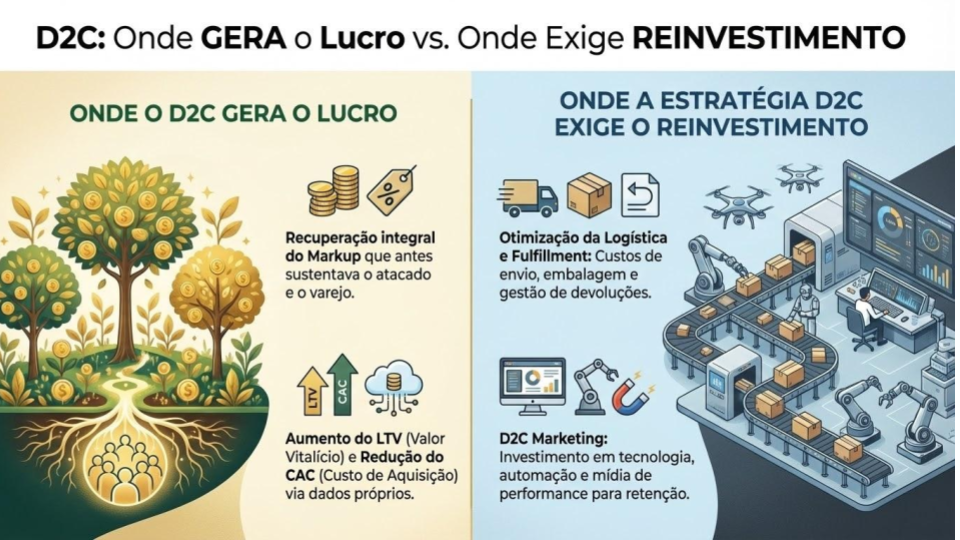 infográfico comparativo sobre o modelo D2C. O lado esquerdo, "Onde o D2C Gera o Lucro", mostra três árvores douradas crescendo a partir de raízes interligadas a um grupo de pessoas (simbolizando o cliente direto). Os pontos de lucro listados são: 1. Recuperação integral do Markup (margem do intermediário). 2. Aumento do LTV (Valor Vitalício) e Redução do CAC (Custo de Aquisição) via dados próprios. O lado direito, "Onde a Estratégia D2C Exige o Reinvestimento", mostra uma linha de produção tecnológica com robôs e embalagens em uma esteira. Os pontos de reinvestimento listados são: 1. Otimização da Logística e Fulfillment (custos de envio e gestão de devoluções). 2. D2C Marketing (investimento em tecnologia, automação e mídia de performance para retenção).