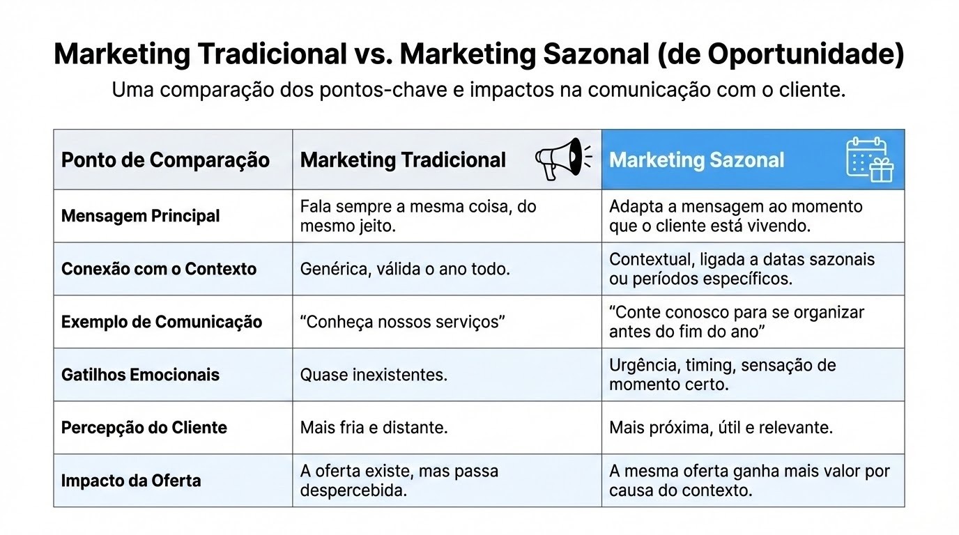 Tabela comparando Marketing Tradicional e Marketing Sazonal (de Oportunidade) com seis pontos de comparação: Mensagem Principal, Conexão com o Contexto, Exemplo de Comunicação, Gatilhos Emocionais, Percepção do Cliente e Impacto da Oferta. O Marketing Sazonal é descrito como mais contextualizado, urgente, próximo e com maior impacto da oferta.