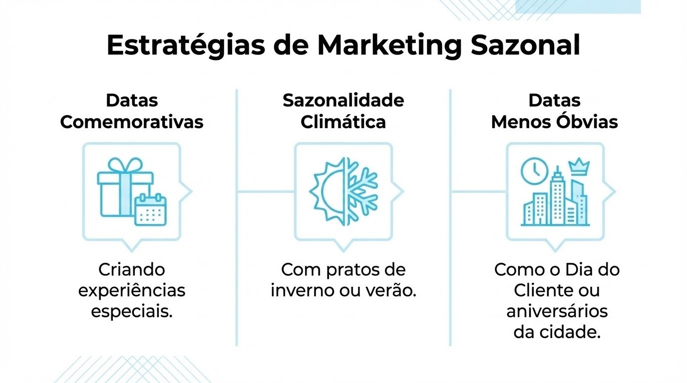 abela comparativa sobre Marketing Tradicional versus Marketing Sazonal (de Oportunidade). A comparação abrange Mensagem Principal, Conexão com o Contexto, Exemplo de Comunicação, Gatilhos Emocionais, Percepção do Cliente e Impacto da Oferta. Estratégias de Marketing Sazonal são detalhadas em três categorias: Datas Comemorativas (criando experiências especiais), Sazonalidade Climática (com pratos de inverno ou verão), e Datas Menos Óbvias (como Dia do Cliente ou aniversários da cidade).