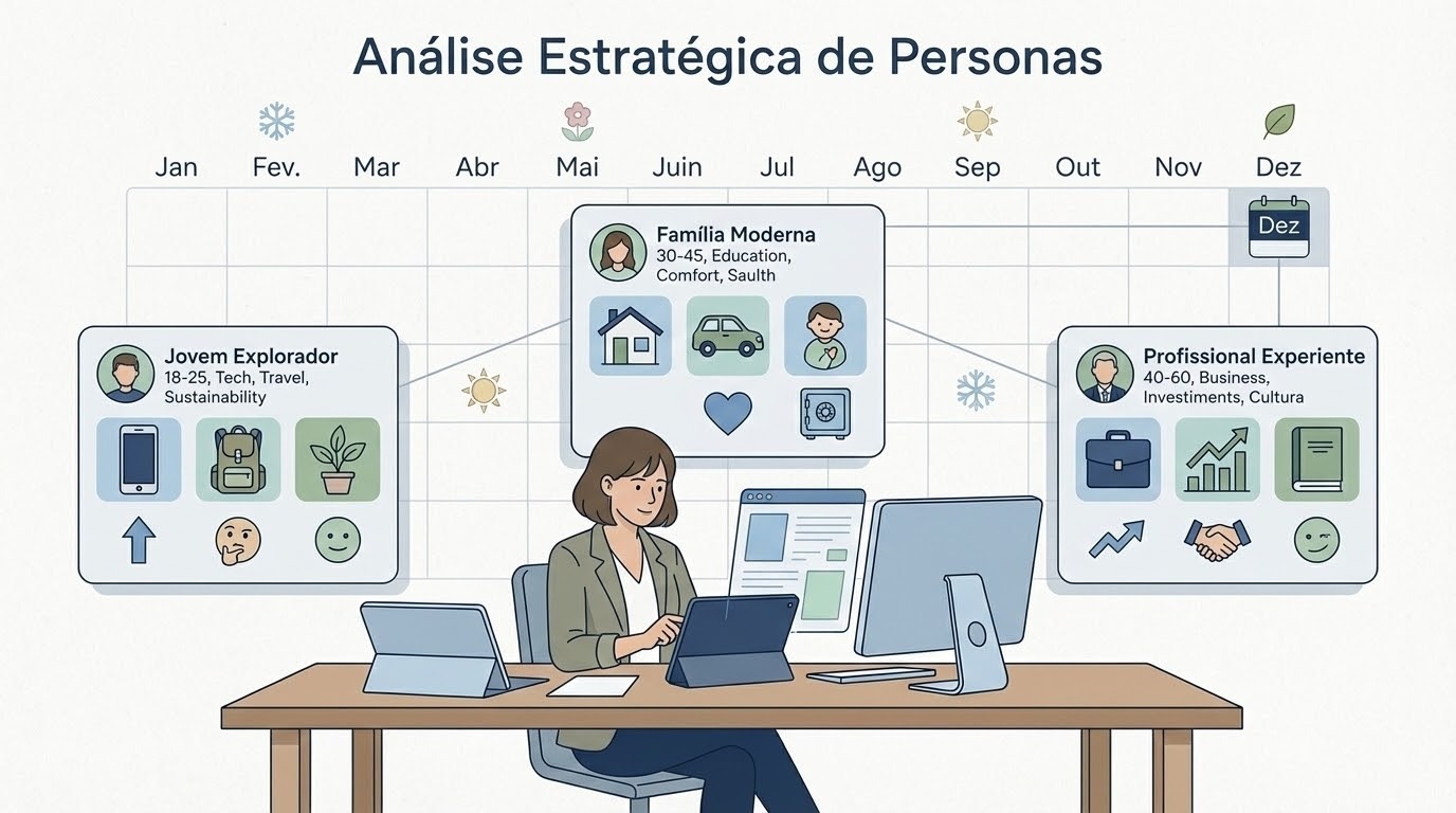  imagem apresenta uma Análise Estratégica de Personas dispostas em um calendário anual, sugerindo a sazonalidade de foco ou interesse para cada perfil. Uma profissional está representada sentada à mesa, analisando dados em diversos dispositivos. O calendário vai de Janeiro a Dezembro, com ícones sazonais indicando os meses. Três personas principais são identificadas: o Jovem Explorador (18-25 anos), com interesses em Tecnologia, Viagens e Sustentabilidade, que é relevante principalmente no início do ano (Janeiro a Abril); a Família Moderna (30-45 anos), focada em Educação, Conforto e Saúde, que se destaca no meio do ano (Maio a Agosto); e o Profissional Experiente (40-60 anos), com interesses em Negócios, Investimentos e Cultura, que se torna o foco principal no final do ano (Setembro a Dezembro). Esta análise sugere que a comunicação de marketing deve ser adaptada para cada persona no momento mais oportuno do ano.