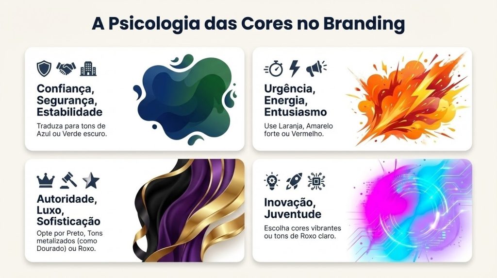 Diagrama 'A Psicologia das Cores no Branding', que associa emoções a paletas de cores. 'Confiança, Segurança, Estabilidade' traduz para tons de Azul ou Verde escuro. 'Urgência, Energia, Entusiasmo' usa Laranja, Amarelo forte ou Vermelho. 'Autoridade, Luxo, Sofisticação' opta por Preto, Tons metalizados (como Dourado) ou Roxo. 'Inovação, Juventude' escolhe cores vibrantes ou tons de Roxo claro."