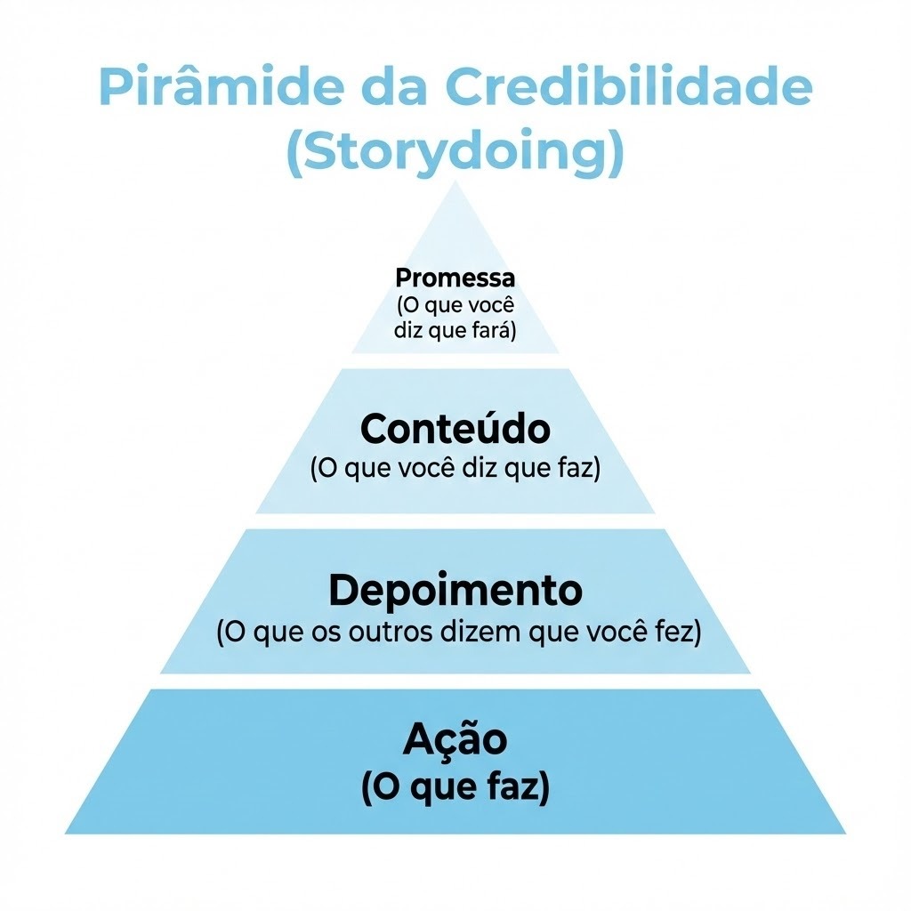 Diagrama em forma de Pirâmide da Credibilidade (Storydoing) com quatro níveis. A base é 'Ação (O que faz)'. Acima, 'Depoimento (O que os outros dizem que você fez)'. No terceiro nível, 'Conteúdo (O que você diz que faz)'. E no topo, 'Promessa (O que você diz que fará)'.