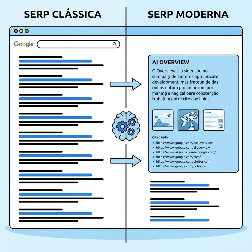 Infográfico comparativo mostrando à esquerda o layout antigo do Google com 10 links azuis e, à direita, a nova SERP de 2026 dominada por um bloco de AI Overview com resposta direta e citações de fontes.
Os leitores deste arquivo têm acesso aos comentários e às sugestões
