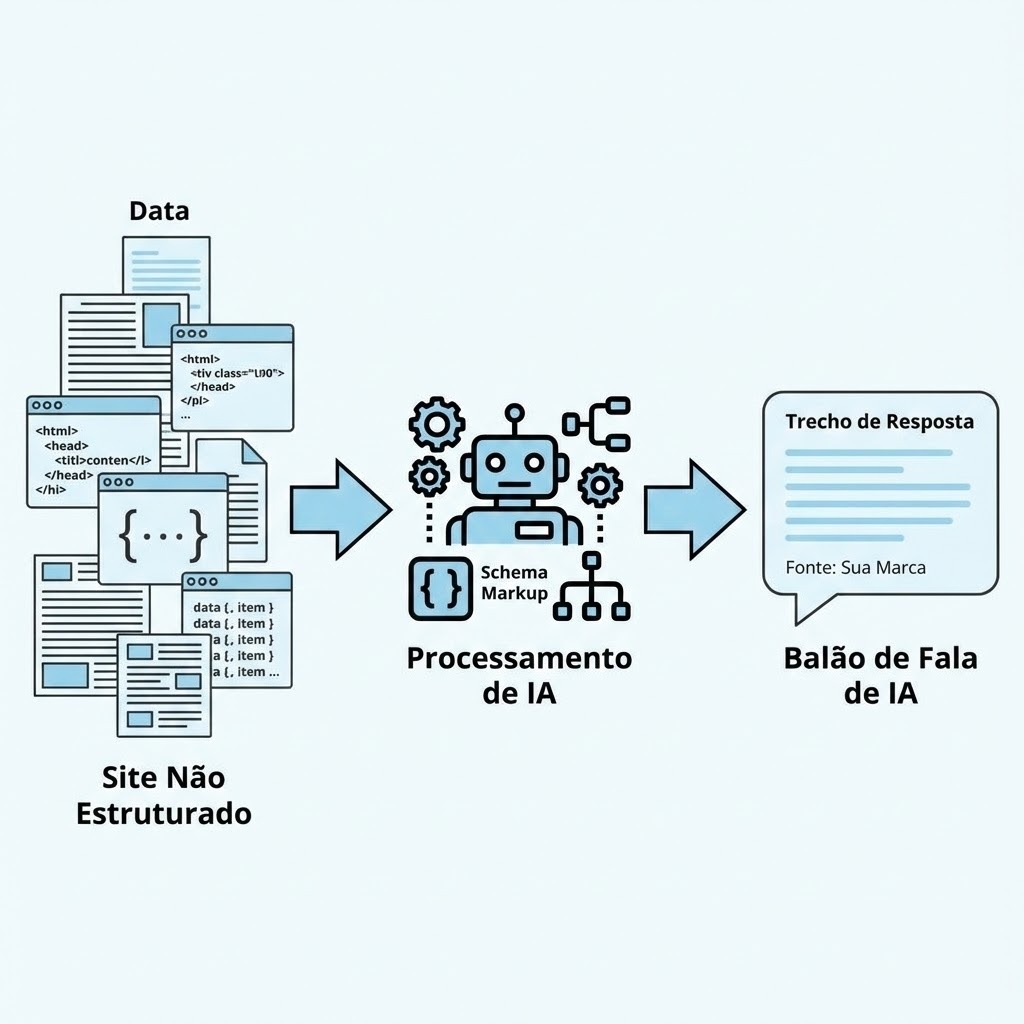 Diagrama esquemático demonstrando o fluxo do GEO: dados estruturados de um site sendo processados por um motor de IA e transformados em uma citação de autoridade em uma resposta generativa.
