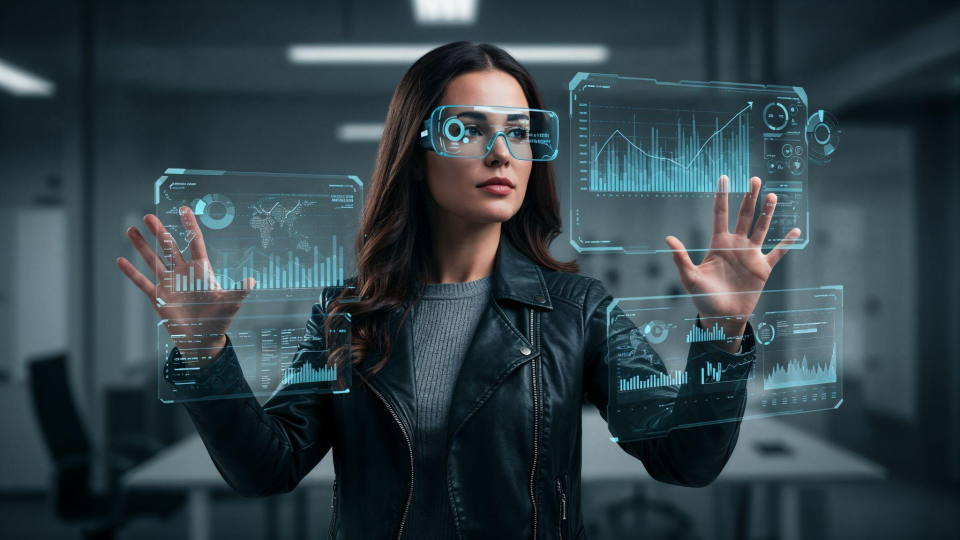 apresenta um cenário futurista e tecnológico focado em análise de dados e realidade aumentada.
