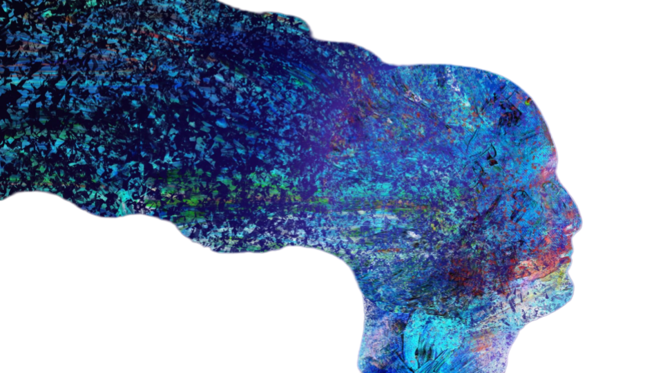 Arte abstrata e conceitual que utiliza técnicas que lembram pintura digital, sobreposição e texturas de pinceladas/respingos.