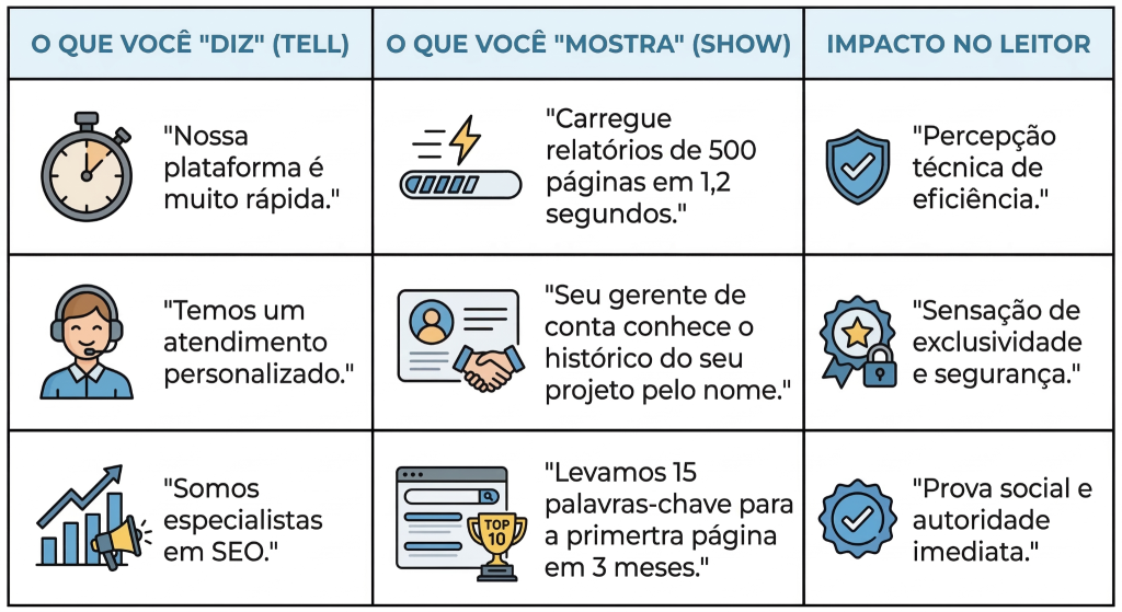 Infográfico estilo tabela mostrando 3 colunas: 'O que você Diz', 'O que você Mostra' e 'Impacto no Leitor'. Cada linha apresenta exemplos: rapidez da plataforma, atendimento personalizado e SEO, destacando o impacto de cada ação. Layout limpo com cores azul claro, preto e branco, fonte moderna e ícones sutis de tecnologia, atendimento e marketing digital.
Os leitores deste arquivo têm acesso aos comentários e às sugestões
