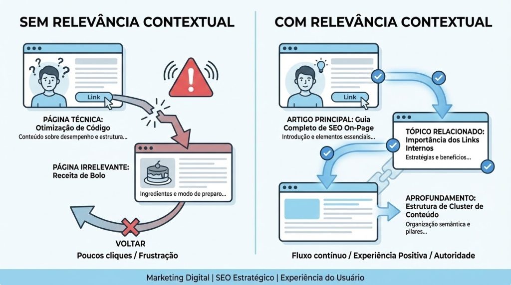 Ilustração em estilo flat mostrando um usuário clicando em um link que leva a páginas desconectadas do tema principal, enquanto outro caminho mostra links coerentes formando uma navegação lógica entre conteúdos relacionados, representando relevância contextual em links internos para SEO.