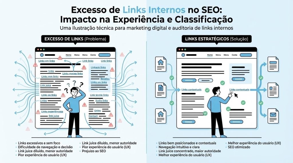 Ilustração em azul claro, preto e branco mostrando uma página de site com muitos links sublinhados e usuário confuso, ao lado de uma versão organizada com poucos links bem posicionados e navegação clara.