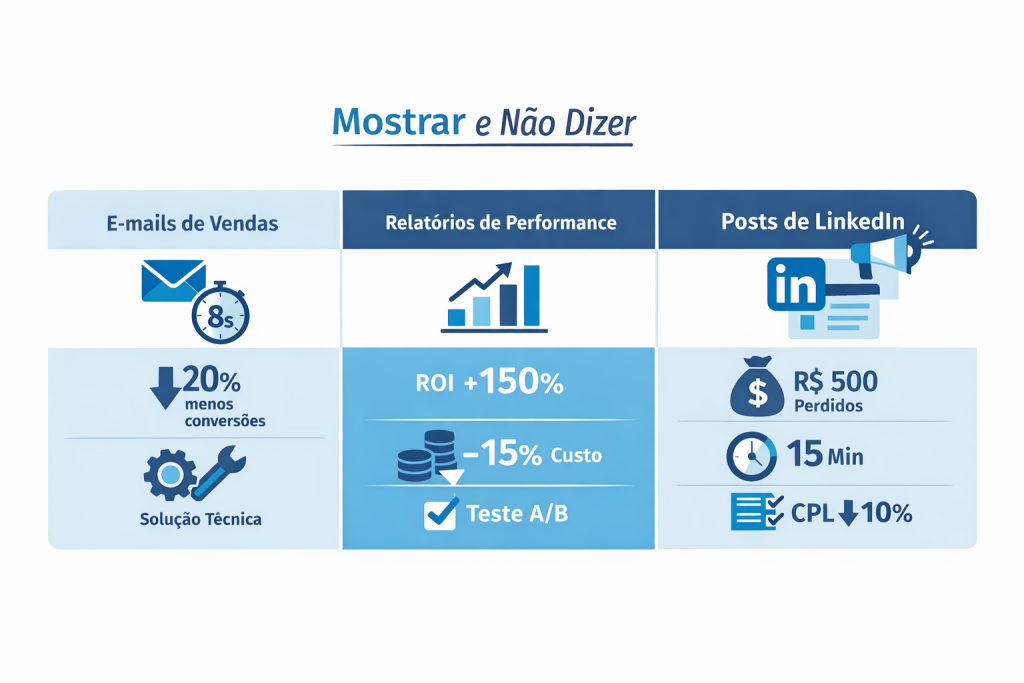 Infográfico horizontal ilustrando a técnica “Mostrar e Não Dizer” em comunicação B2B. Três blocos: E-mails de Vendas com ícone de envelope e cronômetro, mostrando redução de 20% nas conversões e solução técnica; Relatórios de Performance com gráfico, mostrando ROI +150%, redução de 15% de custo e teste A/B; Posts de LinkedIn com ícone da rede social, destacando R$ 500 perdidos, 15 minutos e CPL 10% menor. Layout moderno, cores azul claro, azul escuro, branco e preto, transmitindo eficiência, prova social e autoridade.